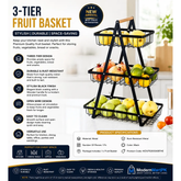 Fresh Fruit & Snack Storage Basket Black Metal 3-Tier Kitchen Organizer