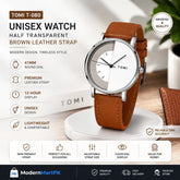 Unisex Watch TOMI T-080 | Half Transparent Brown Leather Strap | 41mm Round Dial