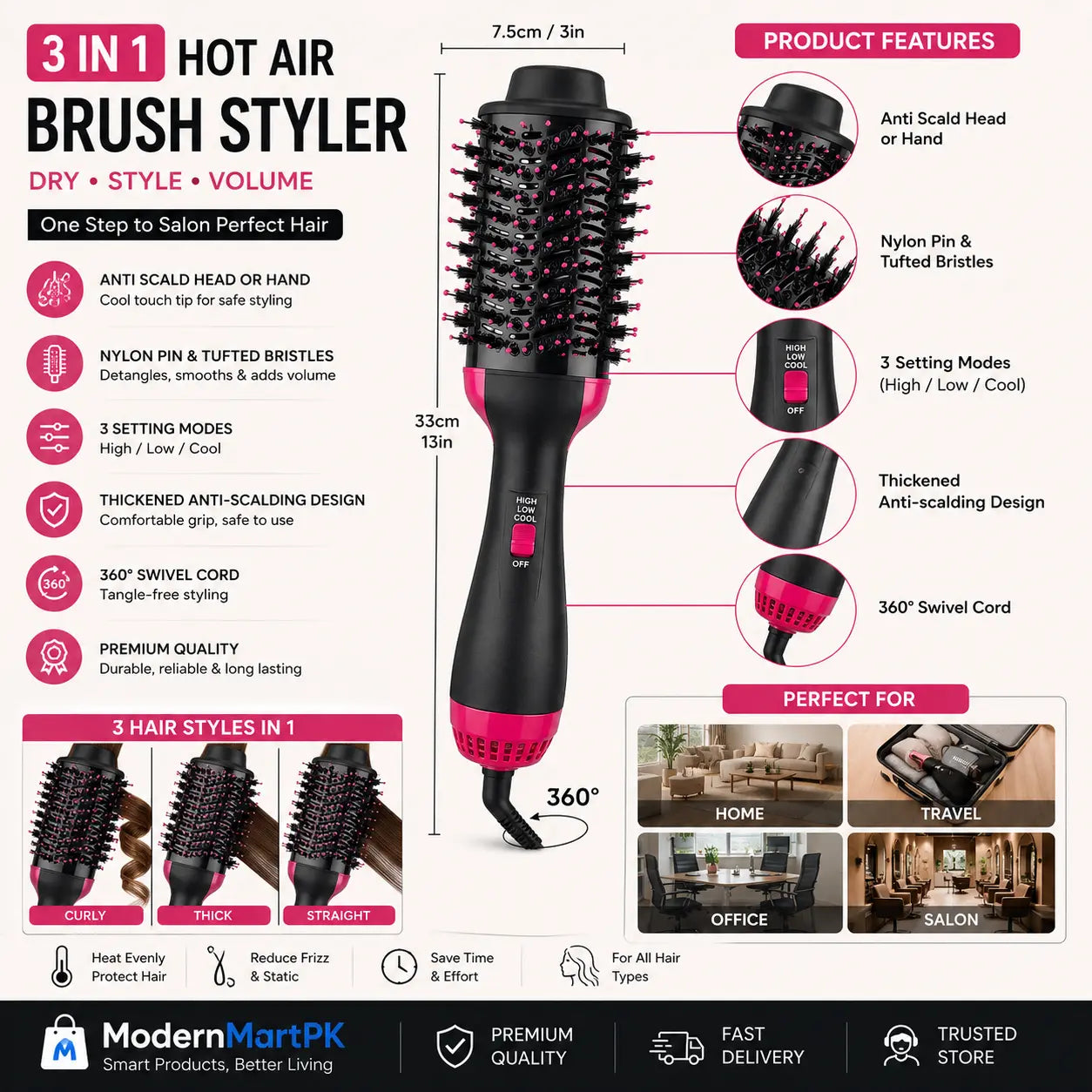 3-in-1 hot air brush stylizer available at modernmartpk