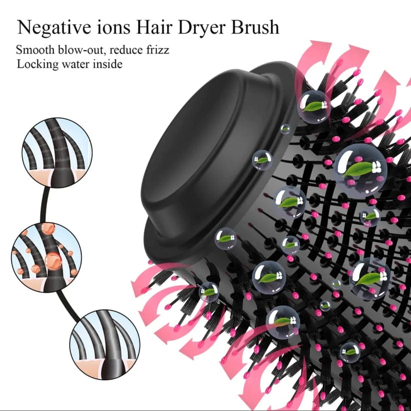 Black hair dryer brush with negative ions technology on a white background