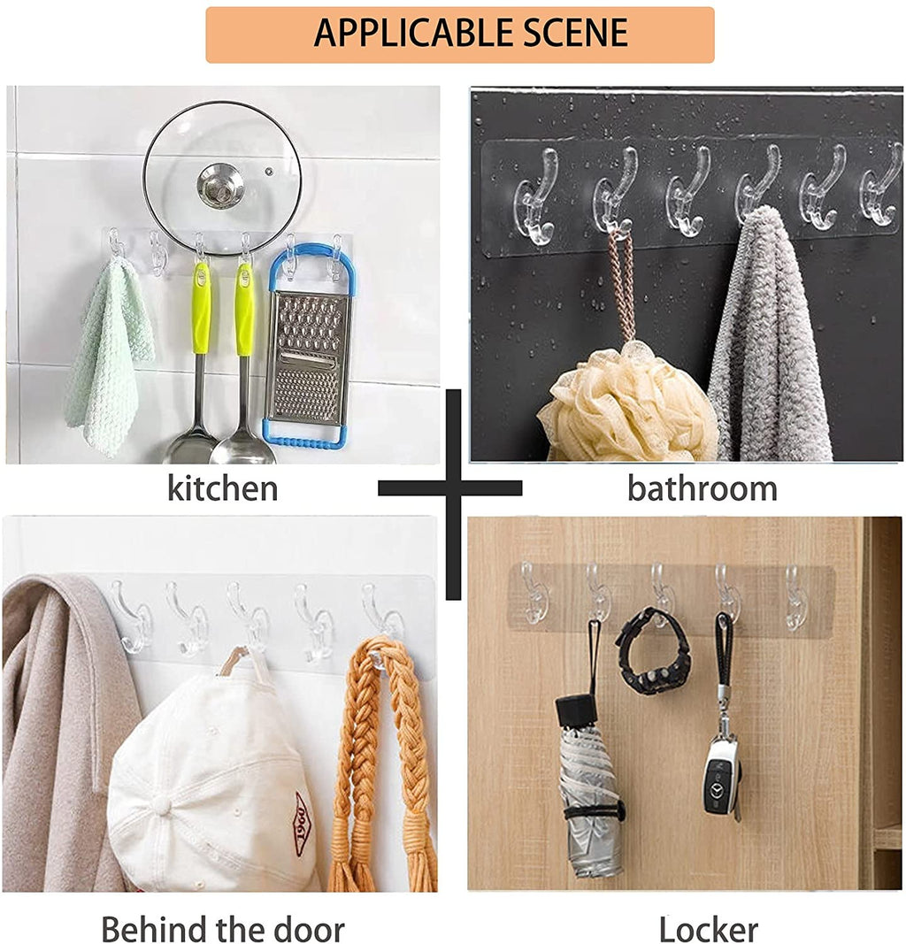 Heavy duty transparent sticky hooks strip with strong self adhesive waterproof wall hook for bathroom and kitchen use.
