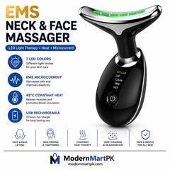 Vegena EMS Face & Neck Massager Anti-Wrinkle Device | 3 Modes | 45°C Heat Therapy | Red, Blue & Green Light Skin Tightening Beauty Tool