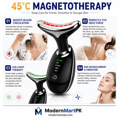 Vegena EMS Face & Neck Massager Anti-Wrinkle Device | 3 Modes | 45°C Heat Therapy | Red, Blue & Green Light Skin Tightening Beauty Tool
