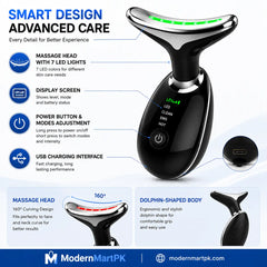 Vegena EMS Face & Neck Massager Anti-Wrinkle Device | 3 Modes | 45°C Heat Therapy | Red, Blue & Green Light Skin Tightening Beauty Tool