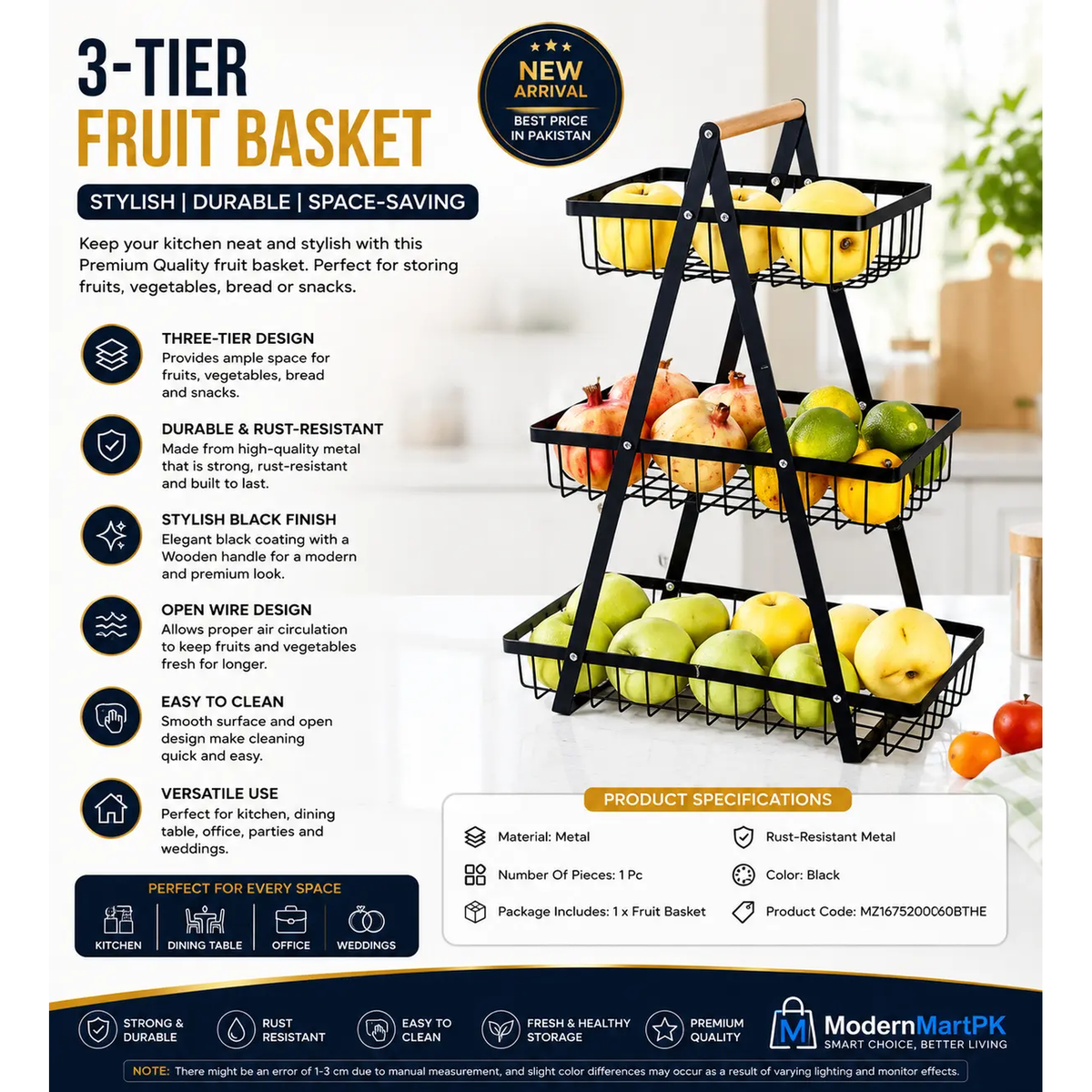 Fresh Fruit & Snack Storage Basket Black Metal 3-Tier Kitchen Organizer