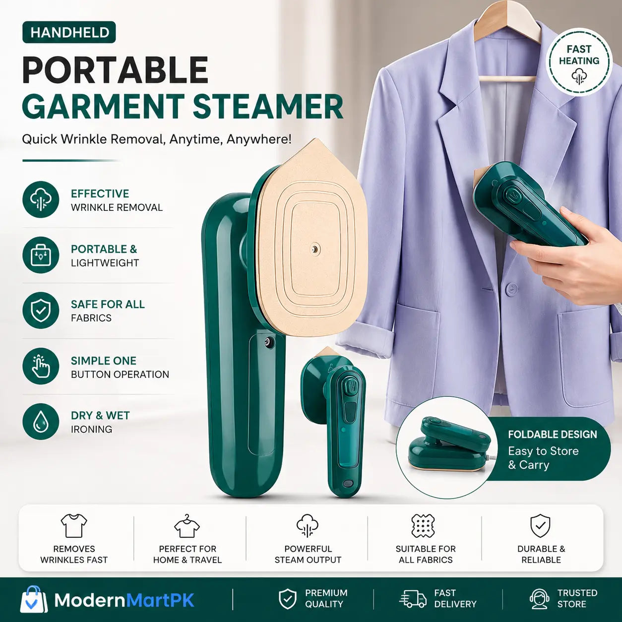 Portable handheld garment steamer for wrinkle removal with foldable design