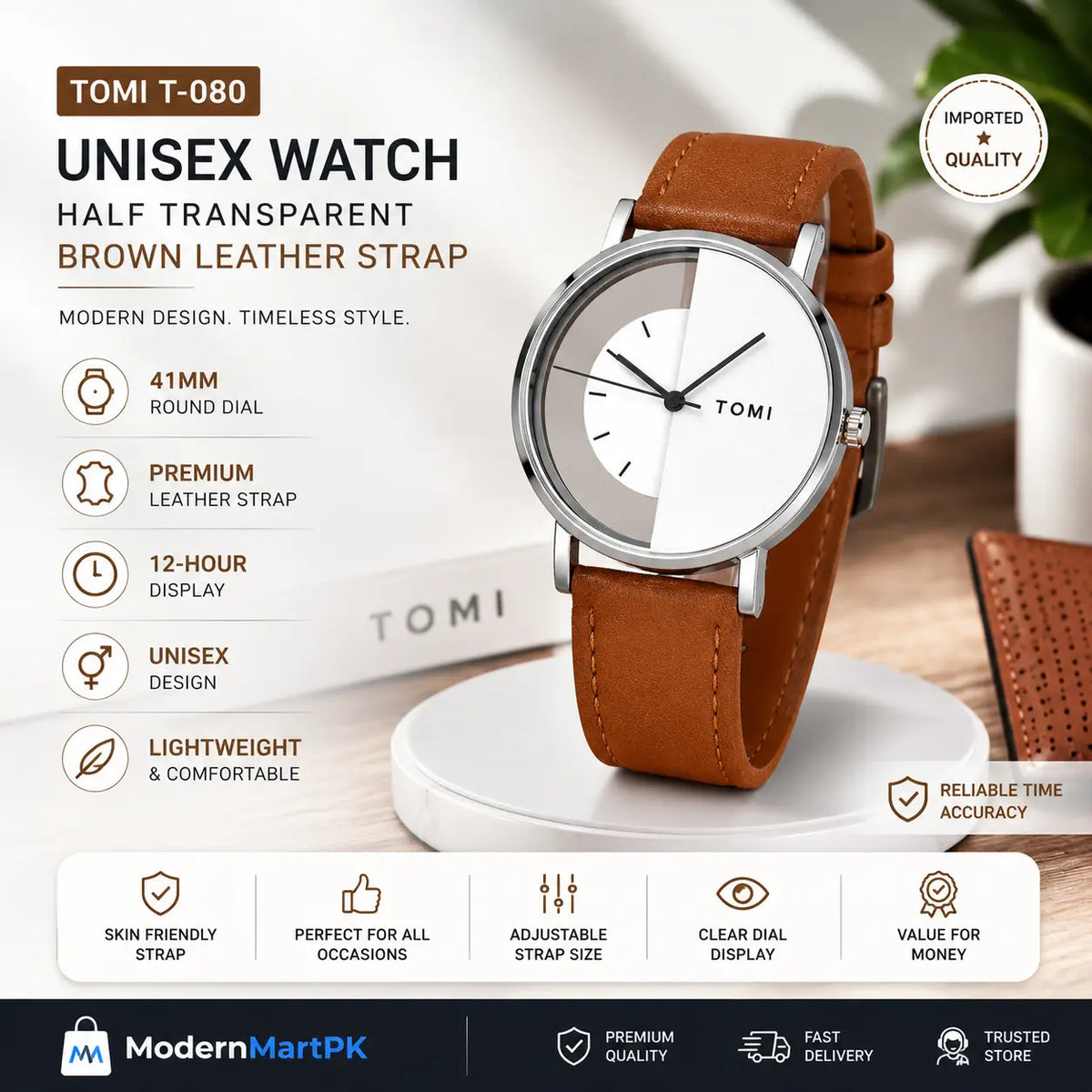 Unisex Watch TOMI T-080 | Half Transparent Brown Leather Strap | 41mm Round Dial
